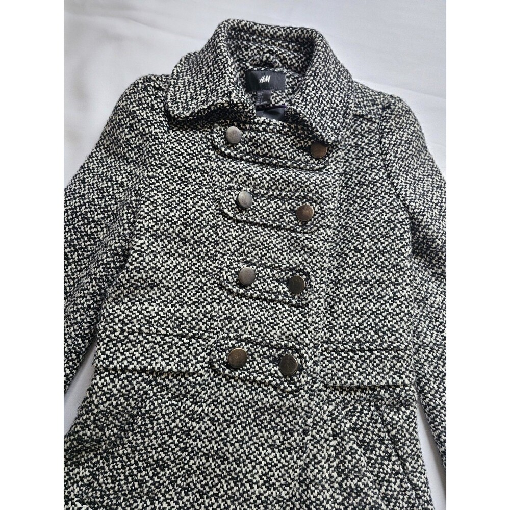 H&M Black White Tweed Bouclé Peacoat Double Breasted Wool Blend Coat Size 4 US